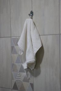 a towel is hanging on a towel rack in a shower at Molejo Guest House in Palatswe