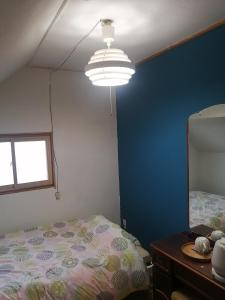 ein Schlafzimmer mit einem Bett, einem Spiegel und einer Lampe in der Unterkunft あらさんち in Asahikawa + 3 Fotos