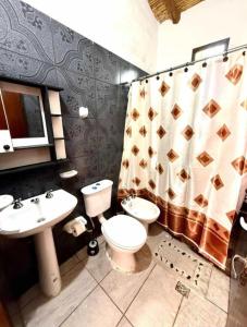 a bathroom with a toilet and a sink and a shower curtain at Cabañas El Cardón in Maimará