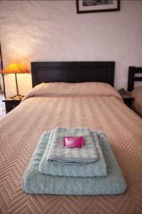a bed with a pink tray on top of it at Cabañas El Cardón in Maimará