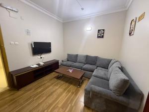 a living room with a couch and a tv at شركه أركان الذهبيه الحديثه للشقق المخدومه in Abha