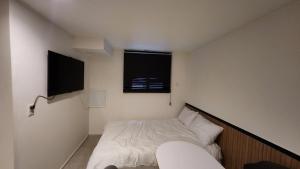 a small bedroom with a bed and a television at Jin Stay Hotel in Changwon