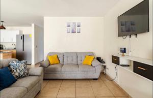 a living room with a couch and a flat screen tv at Casa Maya in San Salvador
