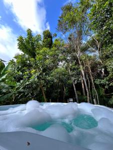 a tub filled with snow with trees in the background at Chalé Moov in Guarapari +1 photo