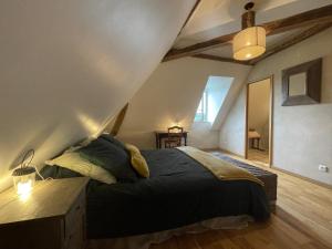 a bedroom with a large bed in a attic at Maison du causit in Aubertin +39 photos