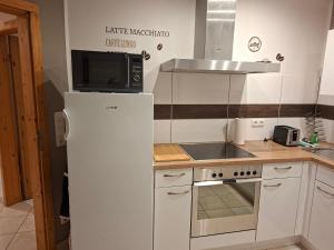 a small kitchen with a refrigerator and a microwave at Ferienwohnung im Grünen in Korschenbroich