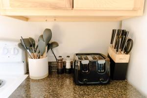 a kitchen counter with a toaster and utensils at Paradise Creek Cottage in Moscow