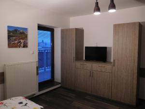 a bedroom with a tv and a large window at TaTanKa apartments in Batizovce