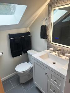 a bathroom with a toilet and a sink and a mirror at Cute as HECK! in Tacoma