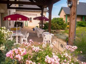 a patio with tables and chairs and purple umbrellas at Hotel La Planquette in Réquista