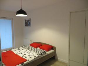 ポズナンにあるPoznan Black Red apartmentのベッドルーム1室(赤い枕2つ付きのベッド1台付)