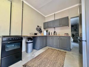 a kitchen with blue cabinets and a rug at Stylish One Bedroom Garden Suite in Polokwane