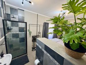 a bathroom with a sink and two potted plants at Stylish One Bedroom Garden Suite in Polokwane