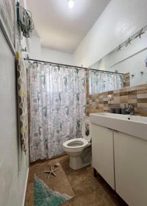 a bathroom with a toilet and a shower curtain at A pasos de la playa y el centro de Bayahibe in Bayahibe +14 photos