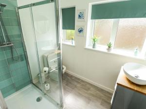 a bathroom with a shower and a toilet and a sink at Field View in North Walsham +22 photos