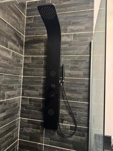 a shower with a black shower head in a bathroom at Arche du cap de bonne esperance in Sainte-Rose