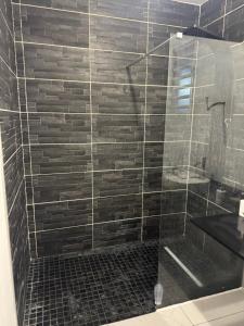 a bathroom with a glass shower with a toilet at Arche du cap de bonne esperance in Sainte-Rose