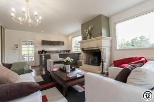 a living room with two couches and a fireplace at Villa les paradoux in Pin-Balma