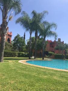 a swimming pool with palm trees in a yard at villa Marrakech 3chambre in Marrakesh