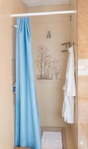 a shower with a blue shower curtain in a bathroom at Casa Liselotte in Imperia +32 photos