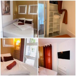 a collage of four pictures of a room with two beds at Appartement Premium Genius - Chambre séparée -vue Mer -Jardin Clôturé -Terrasse -Parking - Piscine Chauffée du 04 Avril au 01 Novembre- Saint Raphaël in Agay - Saint Raphael +30 photos