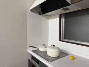 a kitchen with two pots on a stove top at ゲストハウスシナノスイー Guest House Shinano Swee in Omachi