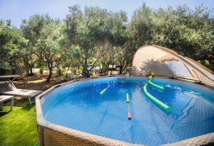 an outdoor swimming pool with an igloo and inflatable kayaks at B&b La Giara in Maratea