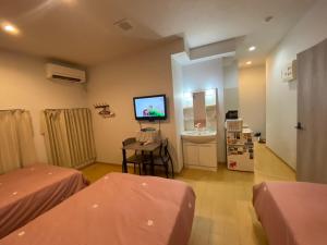 a room with two beds and a flat screen tv at Hotel MR TOMO ATAMI 102 in Atami