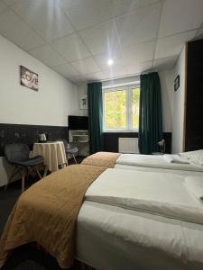 a hotel room with two beds and a window at Amphora Kompleks Wypoczynkowy in Krynica Zdrój