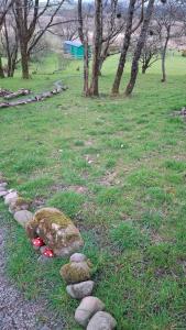 a stone path in a field with trees and grass at Wooly Huts Green in Westport