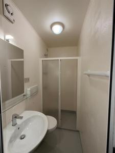 a bathroom with a sink and a toilet and a mirror at Nuova Locanda Belvedere in Marghera +41 photos