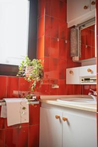 a red tiled kitchen with a sink and a plant at Residence Gerold in Rablà +59 photos