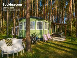 a green tiny house in the woods with a swing at Odpocznij w Lesie in Biały Dwór