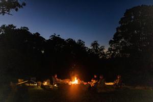 a group of people sitting around a fire at night at Montville Retreat by Tiny Away in Montville