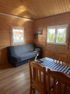 a living room with a couch and a table at Kotwicownia in Mikołajki +17 photos