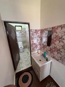 a bathroom with a sink and a shower and a toilet at Adhikari mountain view homestay in Chaubattia