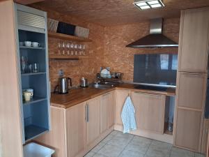 a kitchen with wooden cabinets and a sink at Chata na farmě Petrovice in Mladošovice