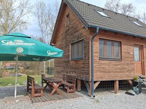 a wooden cabin with a picnic table and an umbrella at Chata na farmě Petrovice in Mladošovice
