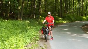 a man riding a bike down a road at Herrmanns-Ferienhaus Wohnung 1 in Schlüsselfeld