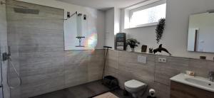 a bathroom with a shower and a toilet and a sink at Rheinufer in Xanten +13 photos