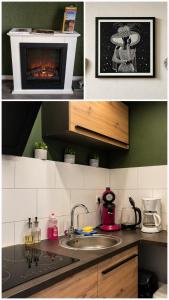 a kitchen with a stove and a sink with a fireplace at Klein aber fein in Hinterweidenthal