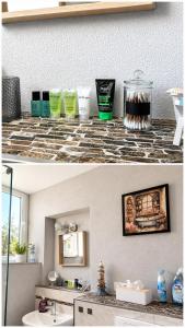 two pictures of a bathroom with a sink and a counter at Klein aber fein in Hinterweidenthal +21 photos