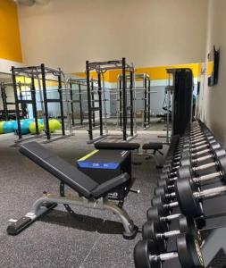 a gym with several rows of treadmills and machines at Abdali Views Luxury Suite in Al Jafr