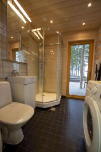 a bathroom with a shower and a toilet and a shower at Rantarovio in Alvajärvi +18 photos