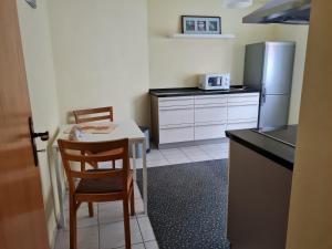 a small kitchen with a table and a refrigerator at Selafa Carma in Mühlhausen