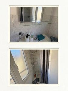 two pictures of a bathroom with a sink and a mirror at Chic & Lumineux / Évreux Centre / WiFi in Évreux