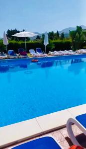 a swimming pool with chairs and umbrellas at Villa Giovanna - Residence with Pool in Campofelice di Roccella
