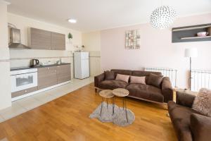a living room with a brown couch and a kitchen at Apartment Orchid 021 in Novi Sad +14 photos