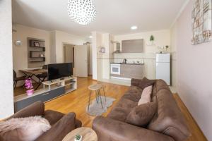 a living room with a brown couch and a kitchen at Apartment Orchid 021 in Novi Sad