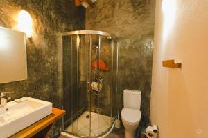 a bathroom with a shower and a toilet and a sink at Casa da Petra in Urzelina +15 photos